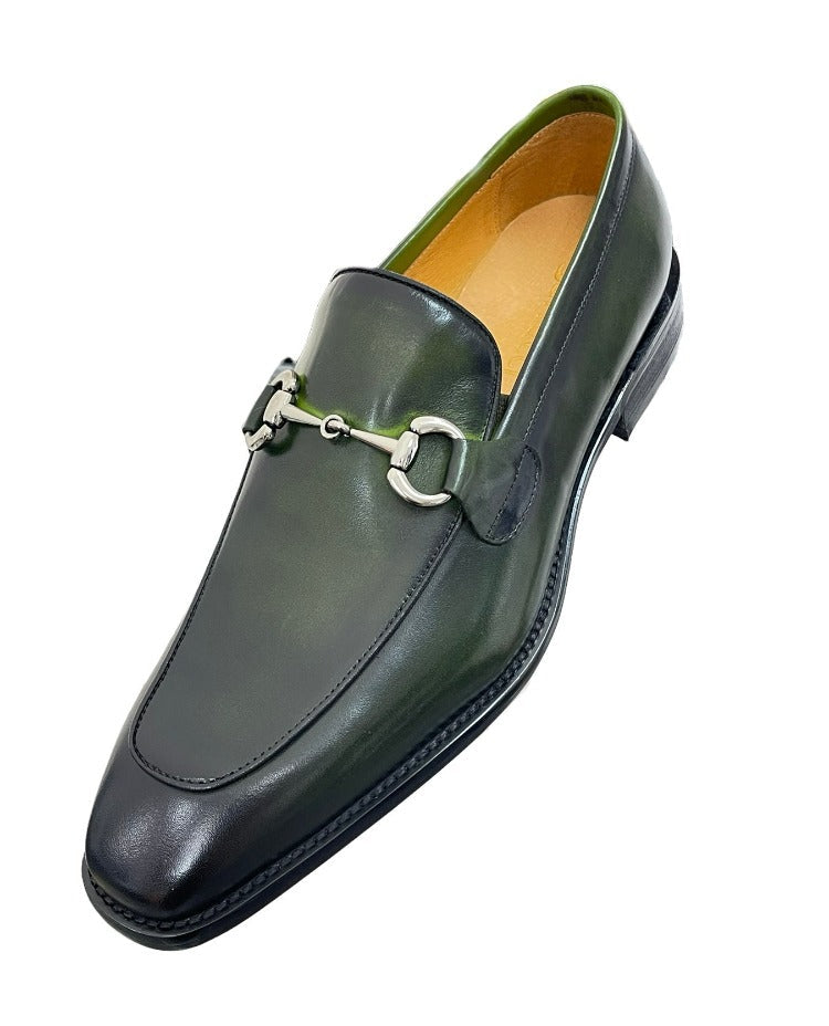 Carrucci Olive Genuine Leather Men's Slip On Dress Shoes Silver Buckle - Design Menswear