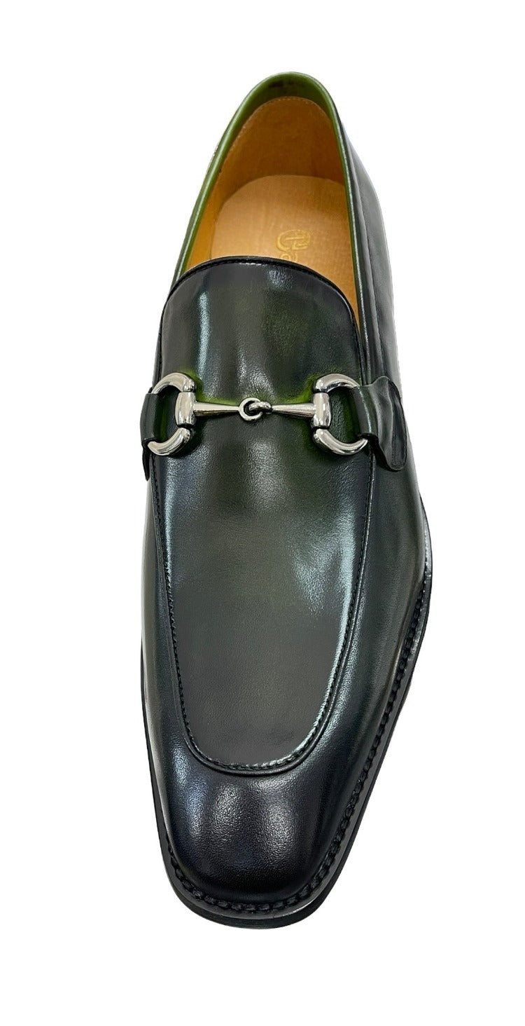 Carrucci Olive Genuine Leather Men's Slip On Dress Shoes Silver Buckle - Design Menswear