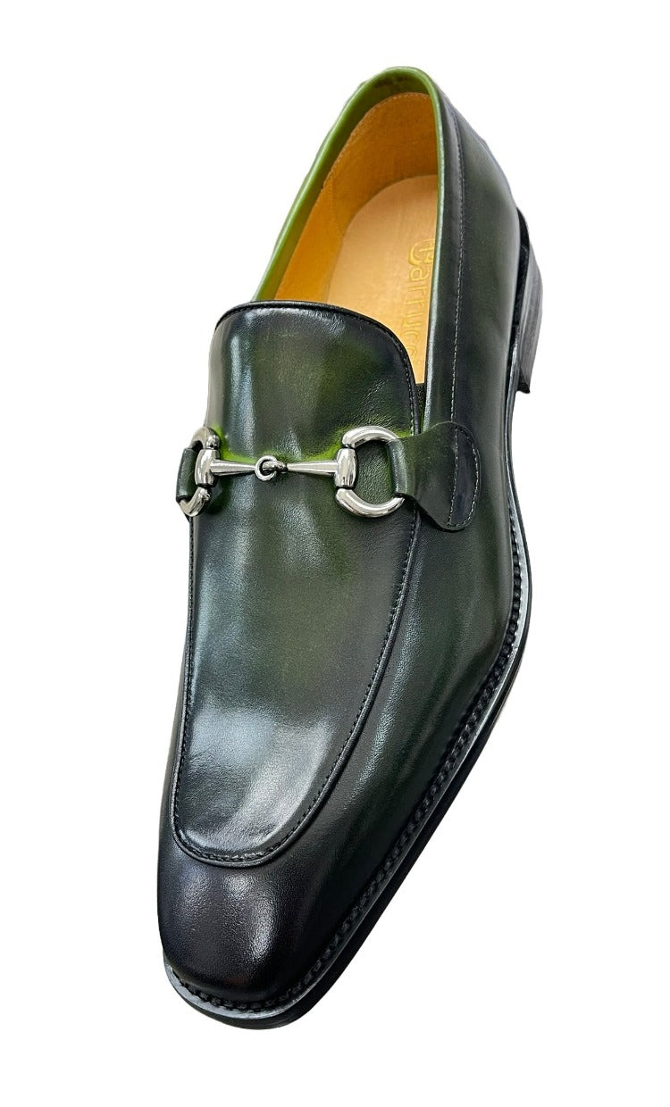 Carrucci Olive Genuine Leather Men's Slip On Dress Shoes Silver Buckle - Design Menswear