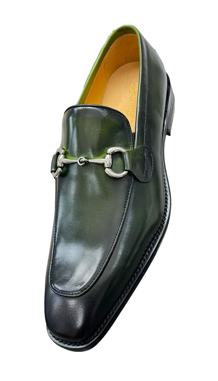 Carrucci Olive Genuine Leather Men's Slip On Dress Shoes Silver Buckle - Design Menswear