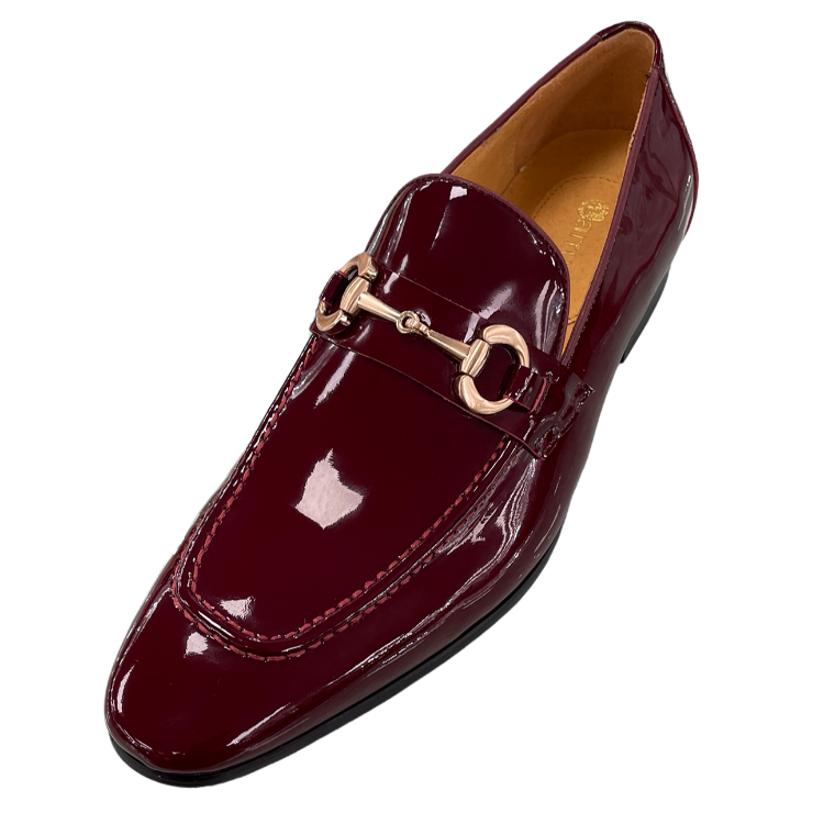 Carrucci Burgundy Shiny Patent Leather Men's Slip On Dress Shoes Gold Buckle - Design Menswear