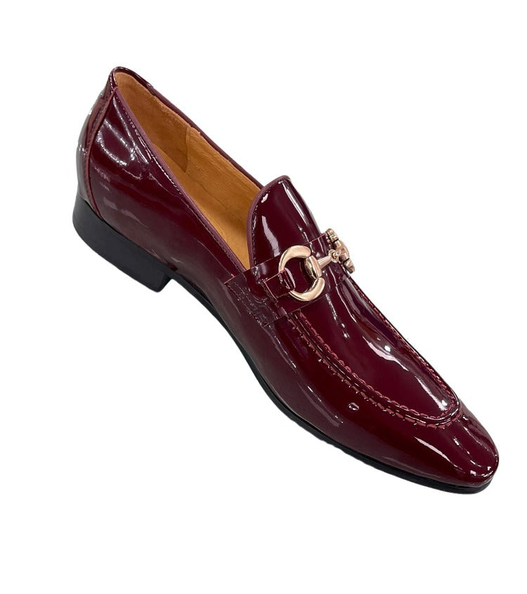 Carrucci Burgundy Shiny Patent Leather Men's Slip On Dress Shoes Gold Buckle - Design Menswear