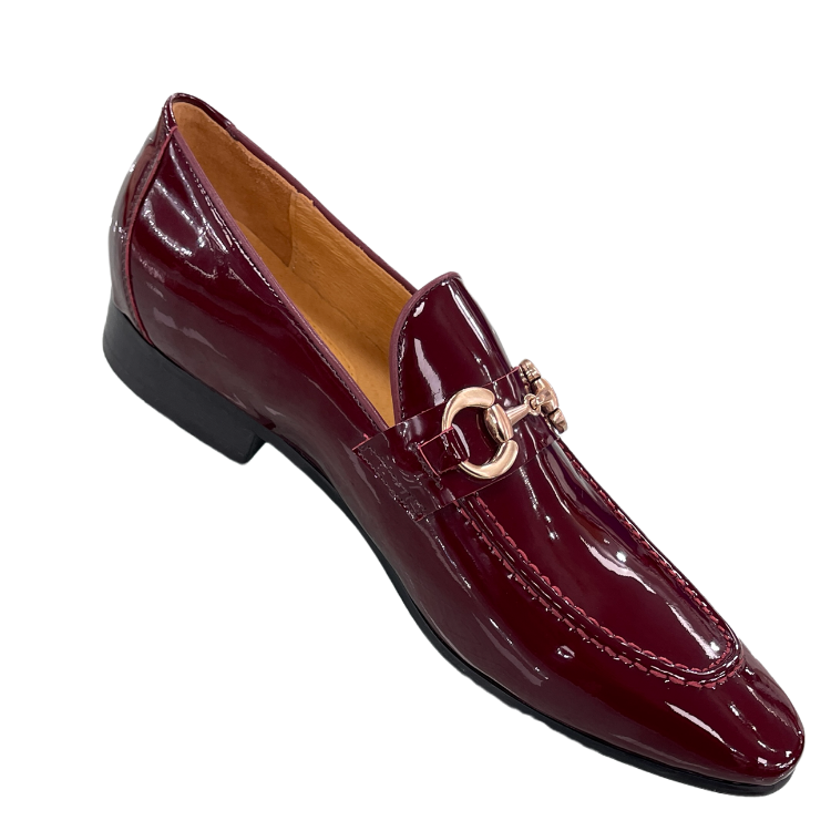 Carrucci Burgundy Shiny Patent Leather Men's Slip On Dress Shoes Gold Buckle - Design Menswear