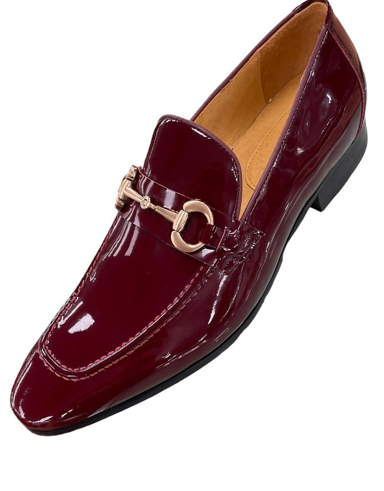 Carrucci Burgundy Shiny Patent Leather Men's Slip On Dress Shoes Gold Buckle - Design Menswear