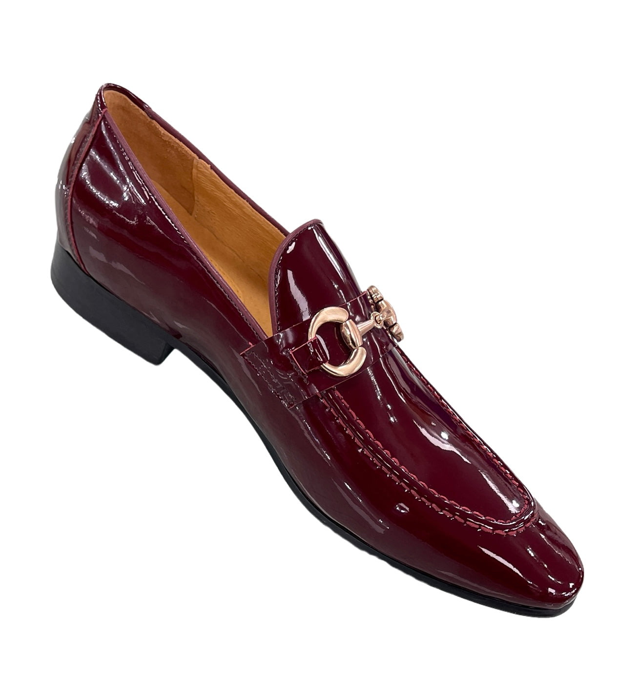 Carrucci Burgundy Shiny Patent Leather Men's Slip On Dress Shoes Gold Buckle - Design Menswear