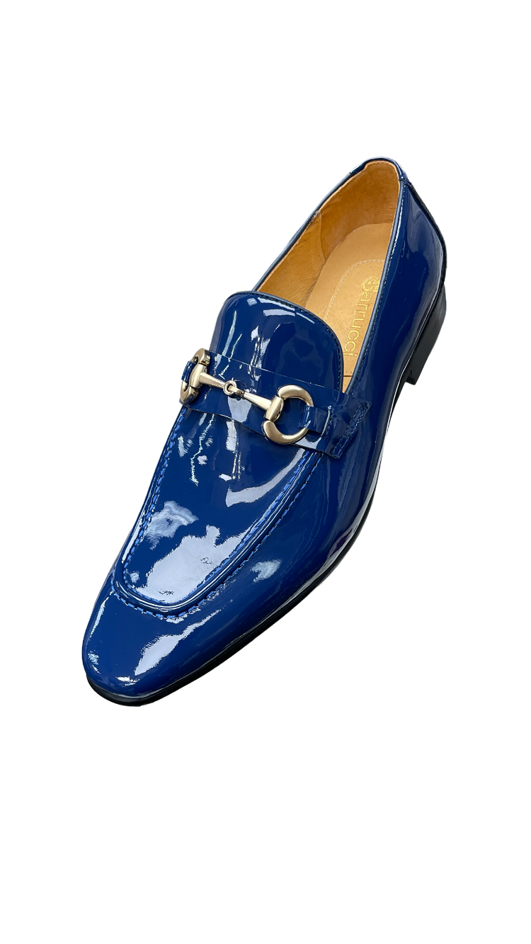 Carrucci Blue Shiny Patent Leather Men's Slip On Dress Shoes Gold Buckle - Design Menswear