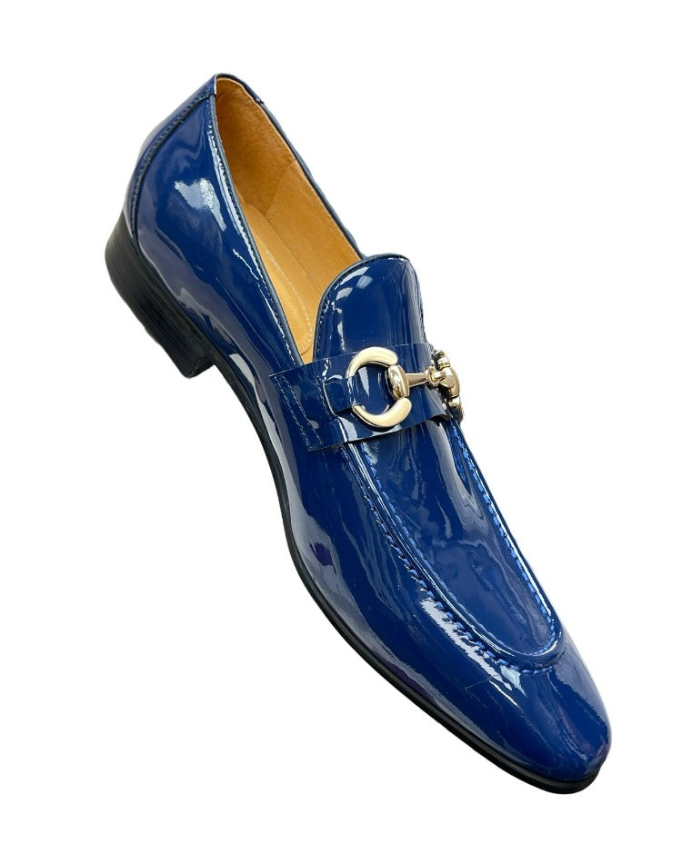 Carrucci Blue Shiny Patent Leather Men's Slip On Dress Shoes Gold Buckle - Design Menswear