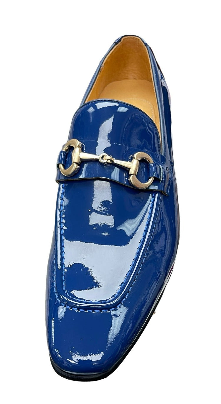 Carrucci Blue Shiny Patent Leather Men's Slip On Dress Shoes Gold Buckle - Design Menswear