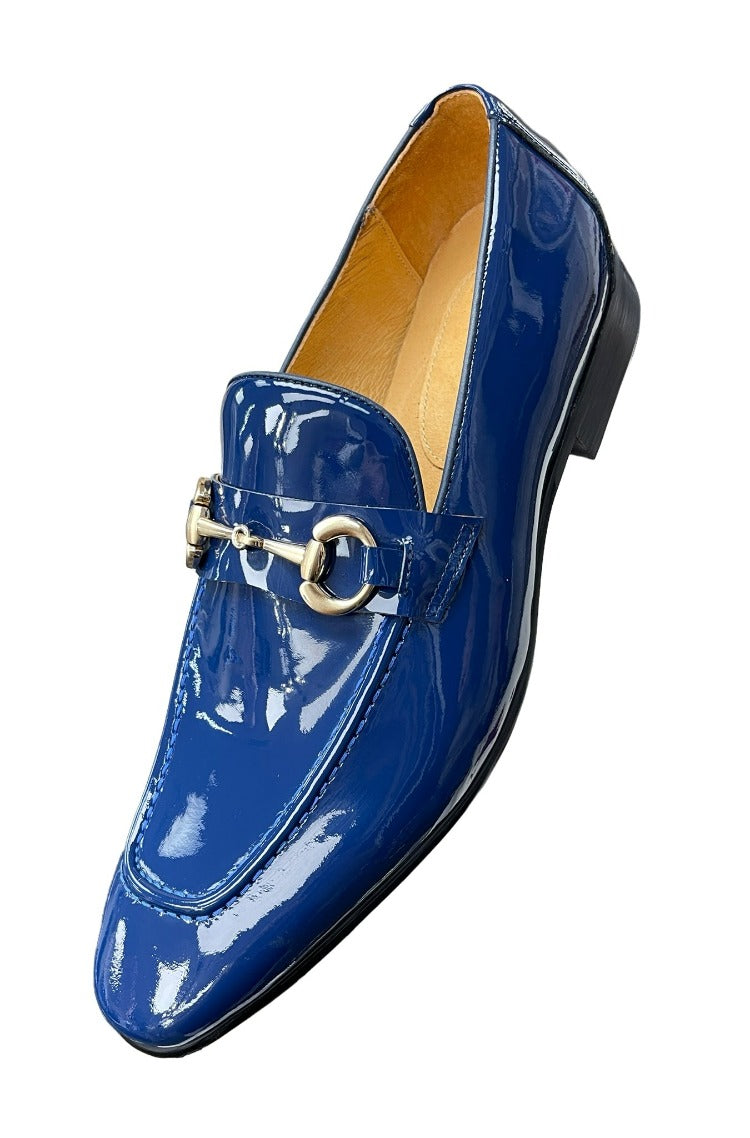 Carrucci Blue Shiny Patent Leather Men's Slip On Dress Shoes Gold Buckle - Design Menswear