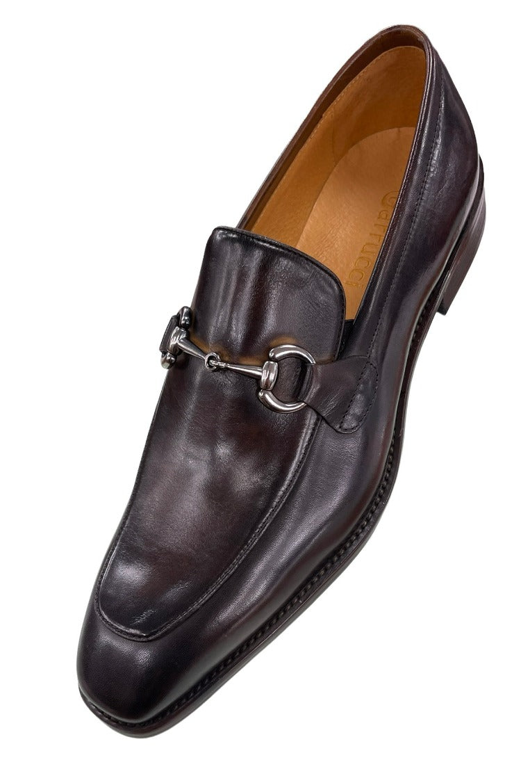 Carrucci Brown Leather Men's Slip On Dress Shoes Silver Buckle - Design Menswear