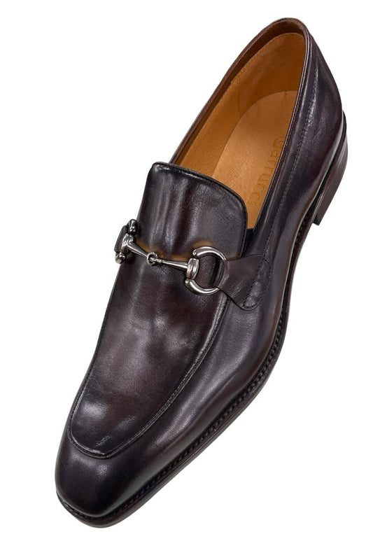 Carrucci Brown Leather Men's Slip On Dress Shoes Silver Buckle - Design Menswear