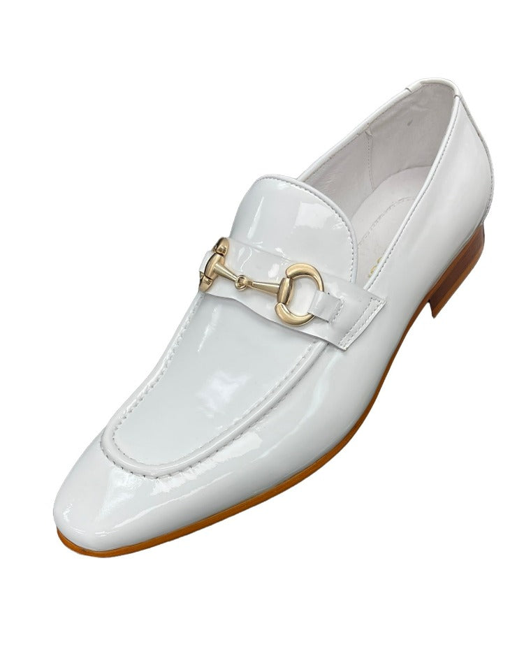 Carrucci White Shiny Patent Leather Men's Slip On Dress Shoes Gold Buckle - Design Menswear