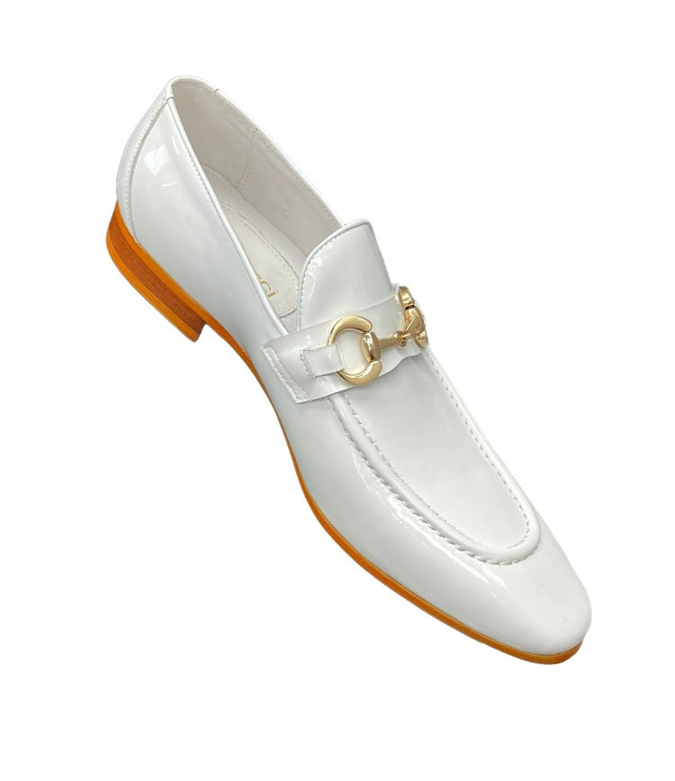 Carrucci White Shiny Patent Leather Men's Slip On Dress Shoes Gold Buckle - Design Menswear