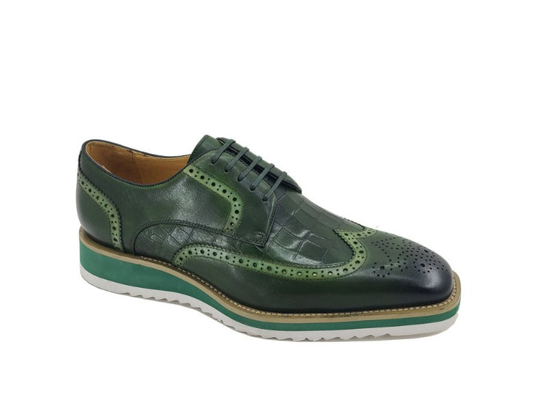 Carrucci olive green lace up wingtip oxford men's shoes Genuine Leather