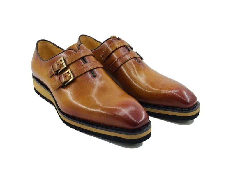 Carrucci Cognac Loafer Burnished Double Monk Leather Casual Shoes - Design Menswear