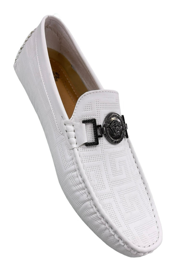 Men's White Slip On Loafer With Black Buckle Printed Leather - Design Menswear