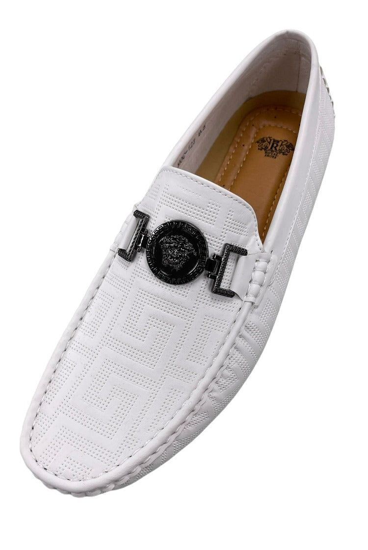 Men's White Slip On Loafer With Black Buckle Printed Leather - Design Menswear