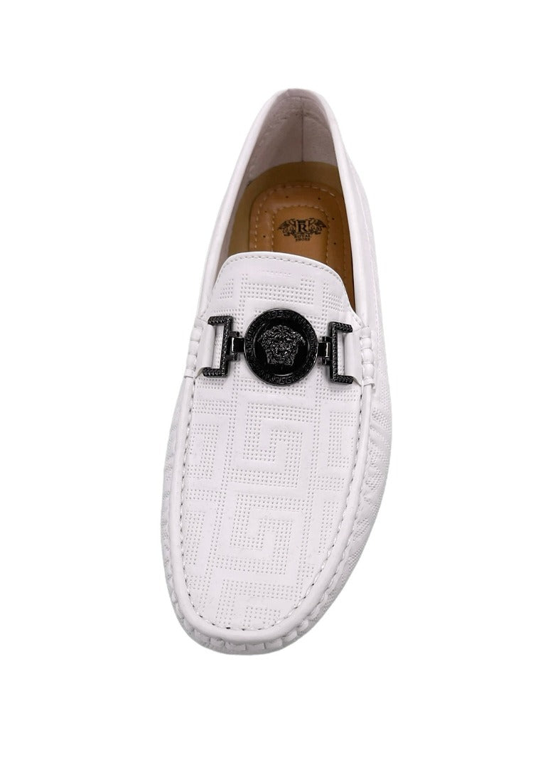 Men's White Slip On Loafer With Black Buckle Printed Leather - Design Menswear