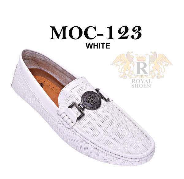 Men's White Slip On Loafer With Black Buckle Printed Leather - Design Menswear