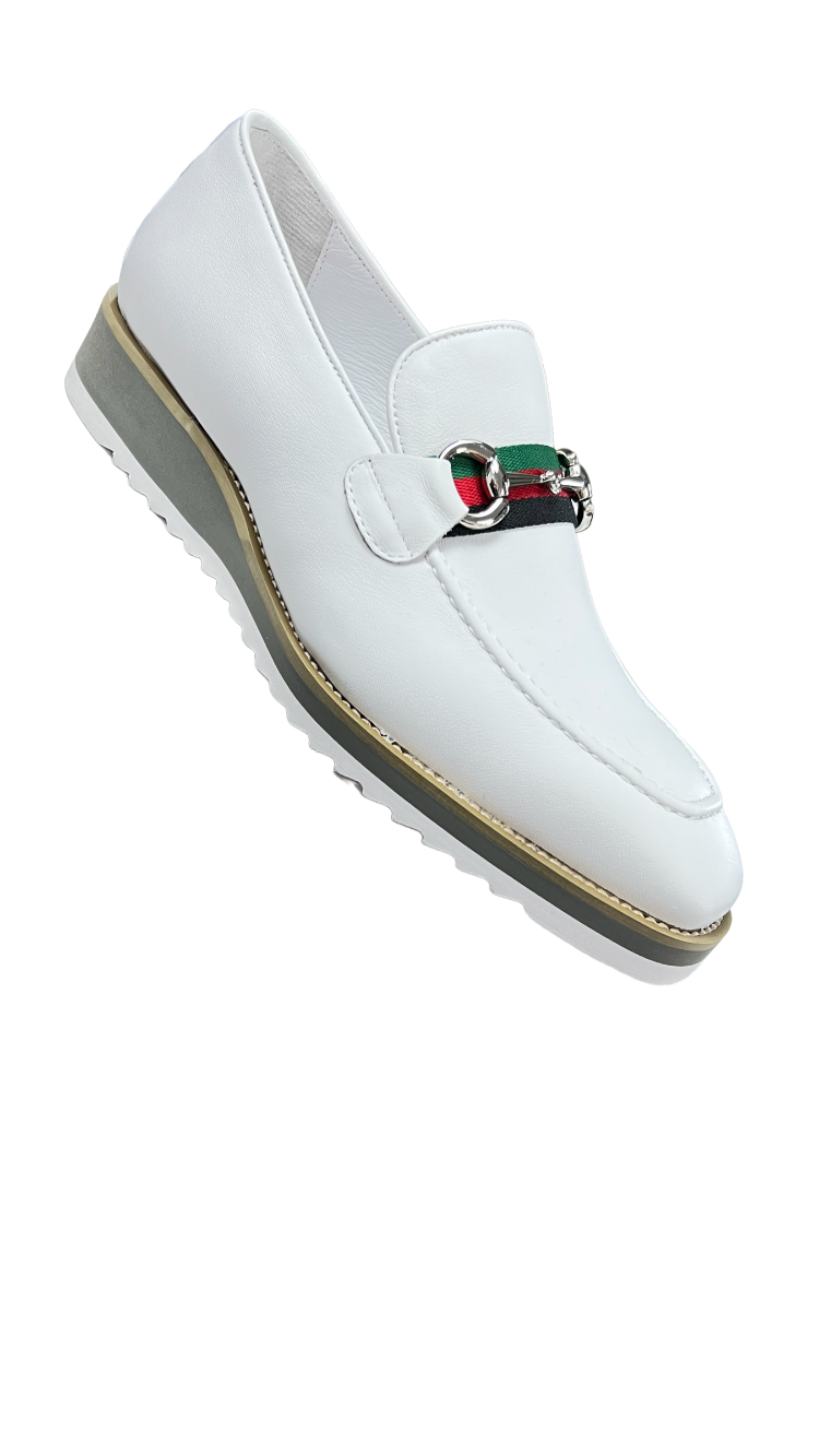 White Carrucci Loafer Leather Men's casual shoes Silver Buckle Red and Green Trim - Design Menswear