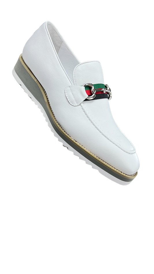 White Carrucci Loafer Leather Men's casual shoes Silver Buckle Red and Green Trim - Design Menswear