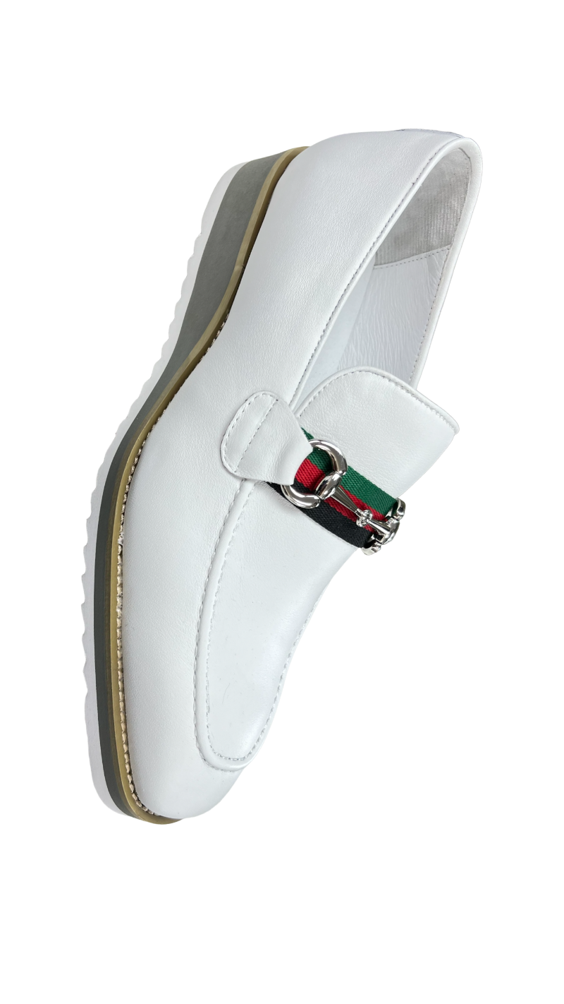 White Carrucci Loafer Leather Men's casual shoes Silver Buckle Red and Green Trim - Design Menswear